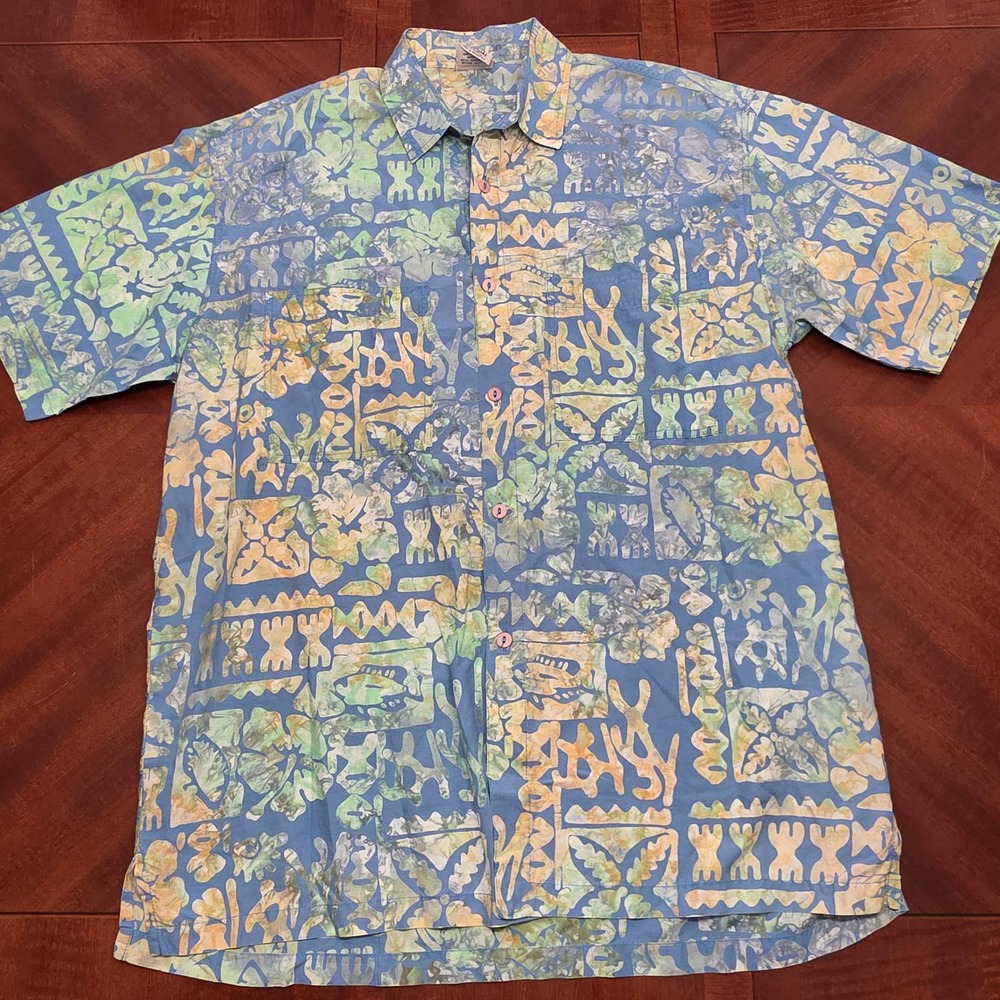 Rum Reggae Shirt Mens L Blue Green Batik Cotton Short Sleeve Tropical Button Up